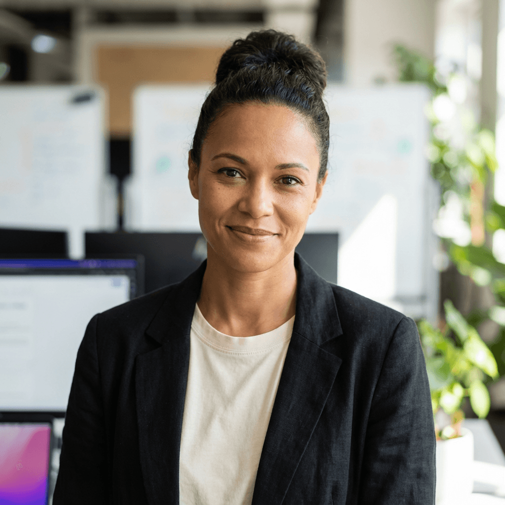 Female small business owner in her early 40s in a bright office