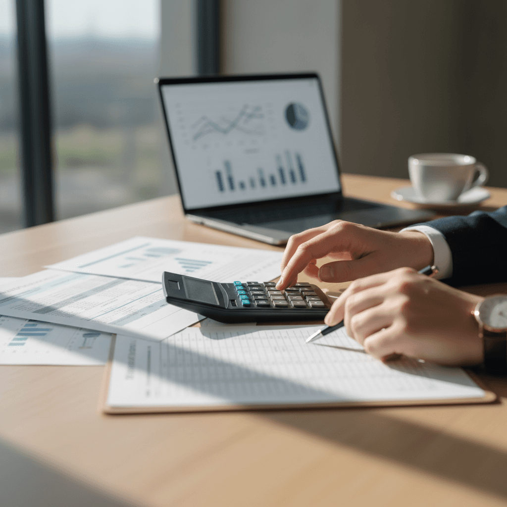 Professional accountant reviewing financial documents at a clean modern desk