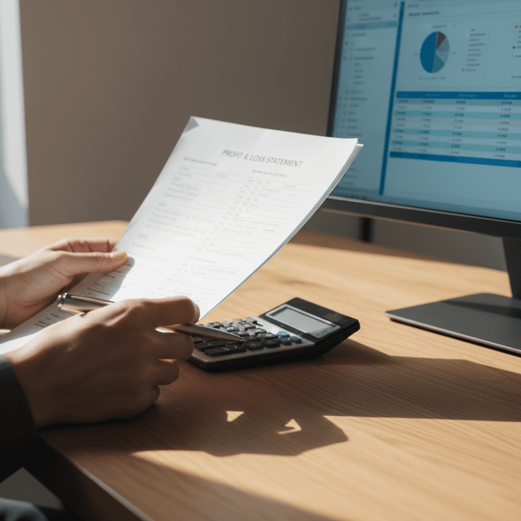 Bookkeeper reviewing financial records at a desk with a laptop in a modern office