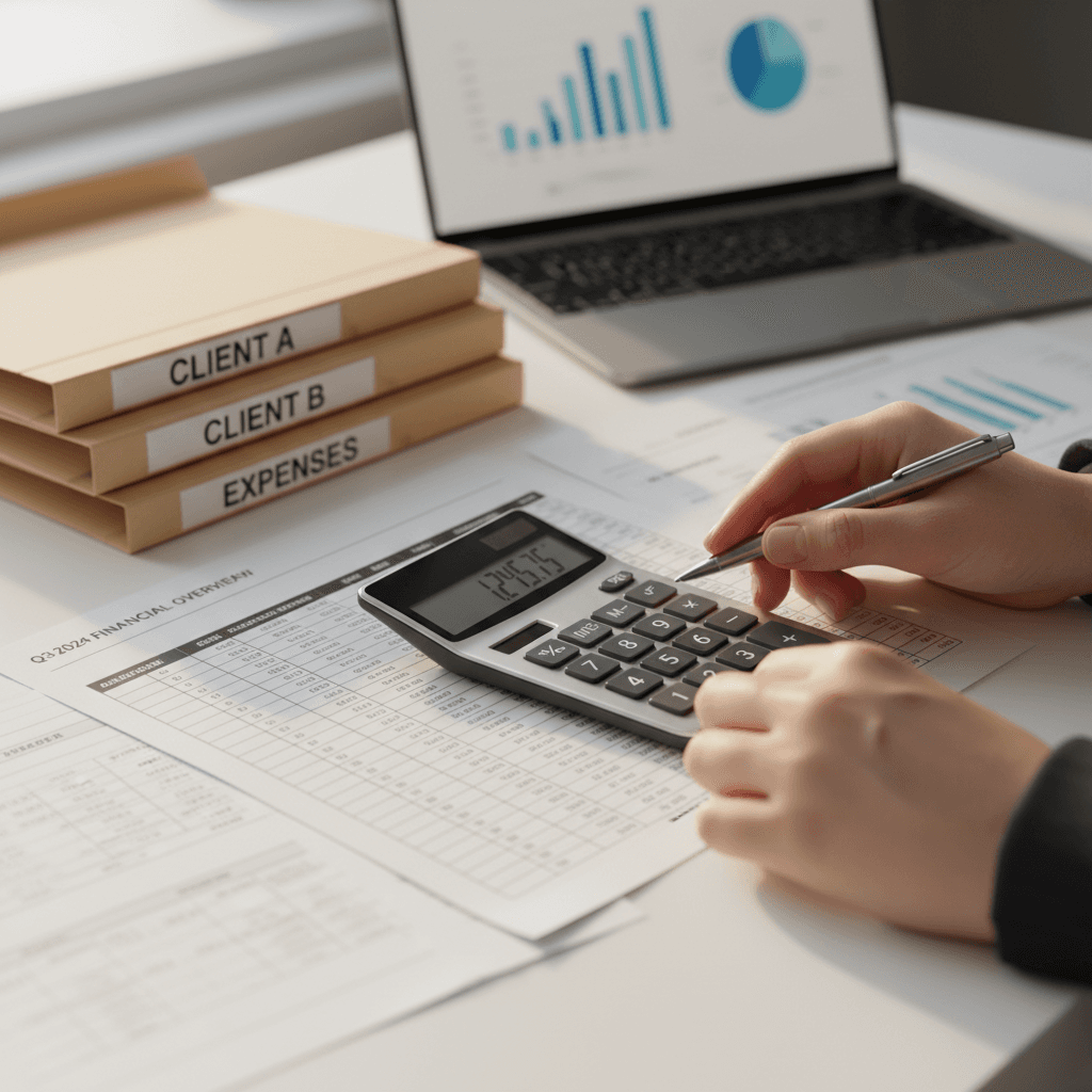 Professional bookkeeper reviewing financial statements at a tidy desk